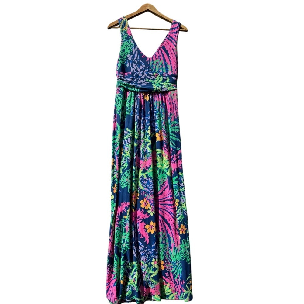 Lilly Pulitzer Maxi Dress Womens Med Blue Pink Tropical Floral V-Neck Sleeveless